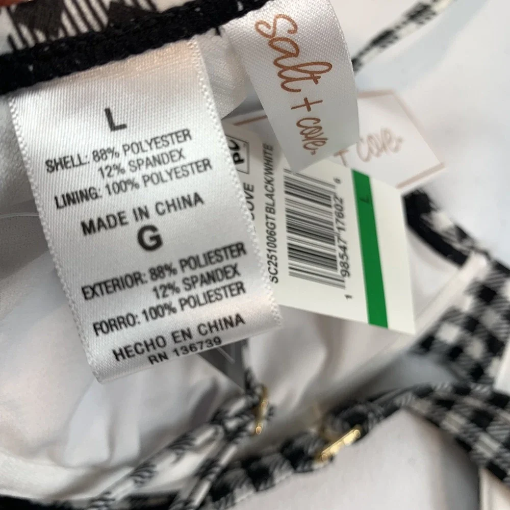 Salt & Cove Junior's Swim Bikini Top L Black White Gingham Plaid Underwire
